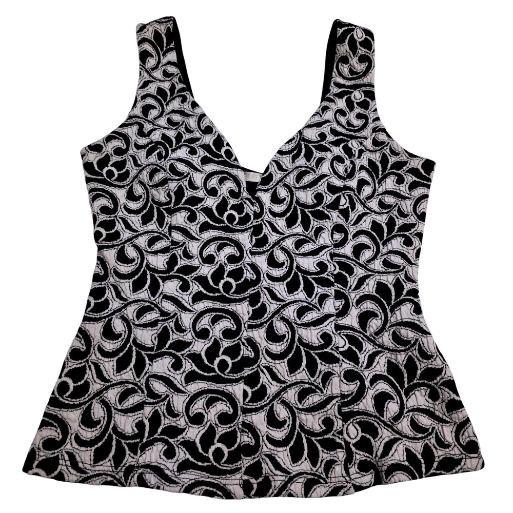 Olive‎ Tree Womens Medium Black White Damask Peplum Tank Top V-Neck Resortwear